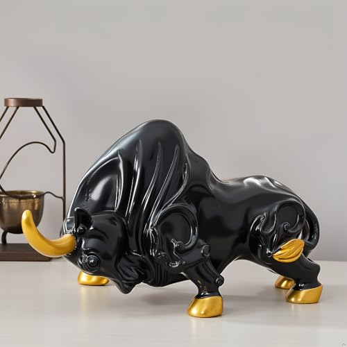 SkyKey Stock Market Bull 5.5" Home Décor Geometric Handicrafts Statue Resin Showpiece for Living Room Symbol of Wealth & Success Figurine for Gift, Home, Bedroom, Office Desk, Matte Finish Black-Gold - Image 1