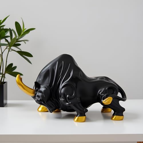 SkyKey Stock Market Bull 5.5" Home Décor Geometric Handicrafts Statue Resin Showpiece for Living Room Symbol of Wealth & Success Figurine for Gift, Home, Bedroom, Office Desk, Matte Finish Black-Gold - Image 2