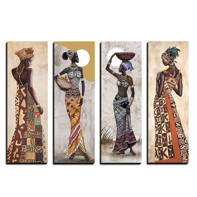 Chalk My Theme Set of 4 Tribal Women Wood Print Wall Art Tribal Women Wall Hanging Wood Decor Wall Decor For Living Room Bedroom Office Hotel and MoreWPCMT2086X15IN - Image 1