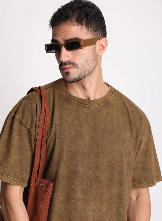 Styli Men Brown Oversized Acid Wash T-Shirt By Bene Kleed