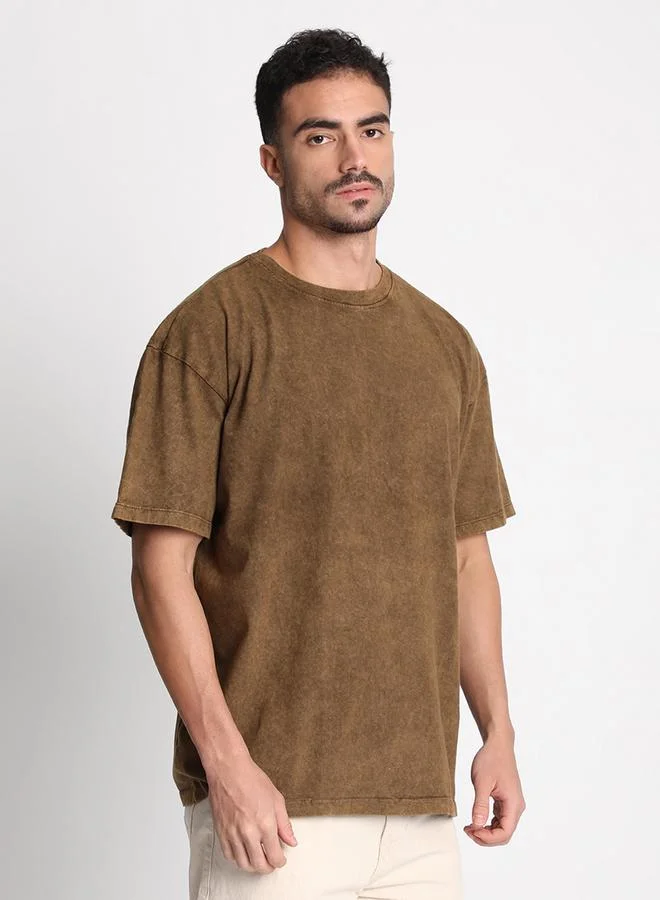 Styli Men Brown Oversized Acid Wash T-Shirt By Bene Kleed