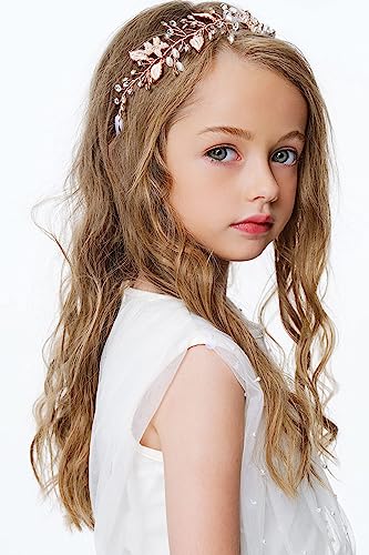 Coucoland Flower Girl Fairy Headpiece - Rose Gold Leaf Girls Toddler Crown Hair Piece Vine Prom Bridal Wedding Accessories Crystal Tiara for Women - Image 2