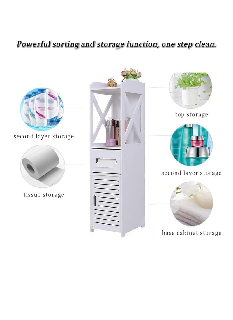 Generic - Small Bathroom Storage Corner Floor Cabinet with Doors & Shelves – Thin Vanity Organizer, Multi-Functional WPC Design, Towel & Paper Holder, Sturdy Waterproof Construction with Curvy Scrollwork – Perfect for Tight Spaces - Image 1