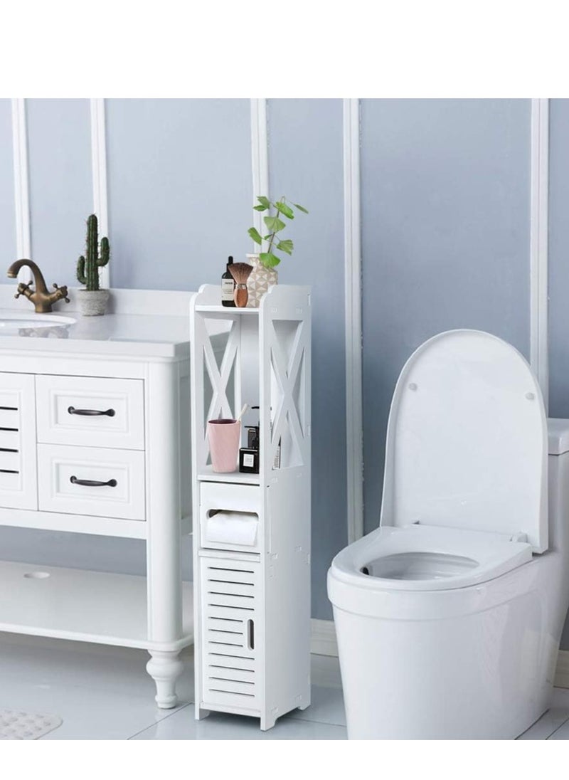 Generic - Small Bathroom Storage Corner Floor Cabinet with Doors & Shelves – Thin Vanity Organizer, Multi-Functional WPC Design, Towel & Paper Holder, Sturdy Waterproof Construction with Curvy Scrollwork – Perfect for Tight Spaces - Image 1