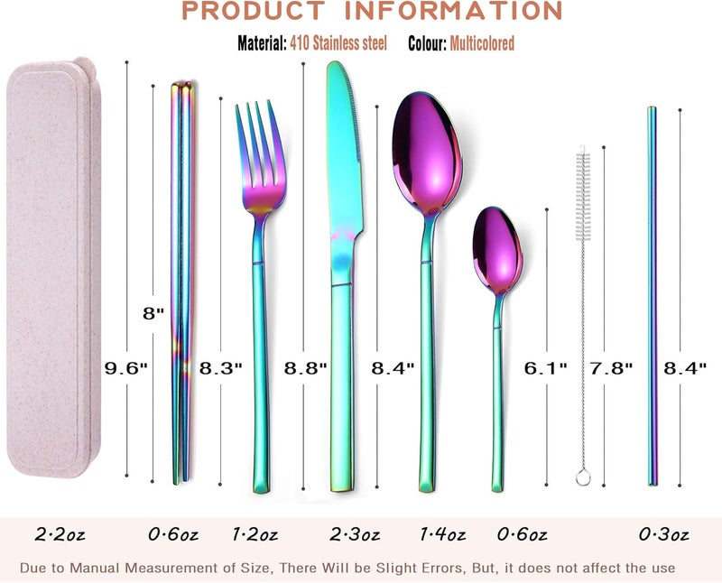 AARAINBOW 7 Pieces Stainless Steel Flatware Set Portable Reusable Cutlery Set Travel Utensils Set Including Chopsticks Knife Fork Spoon Straws Cleaning Brush Dishwasher Safe Multicolored - Image 2
