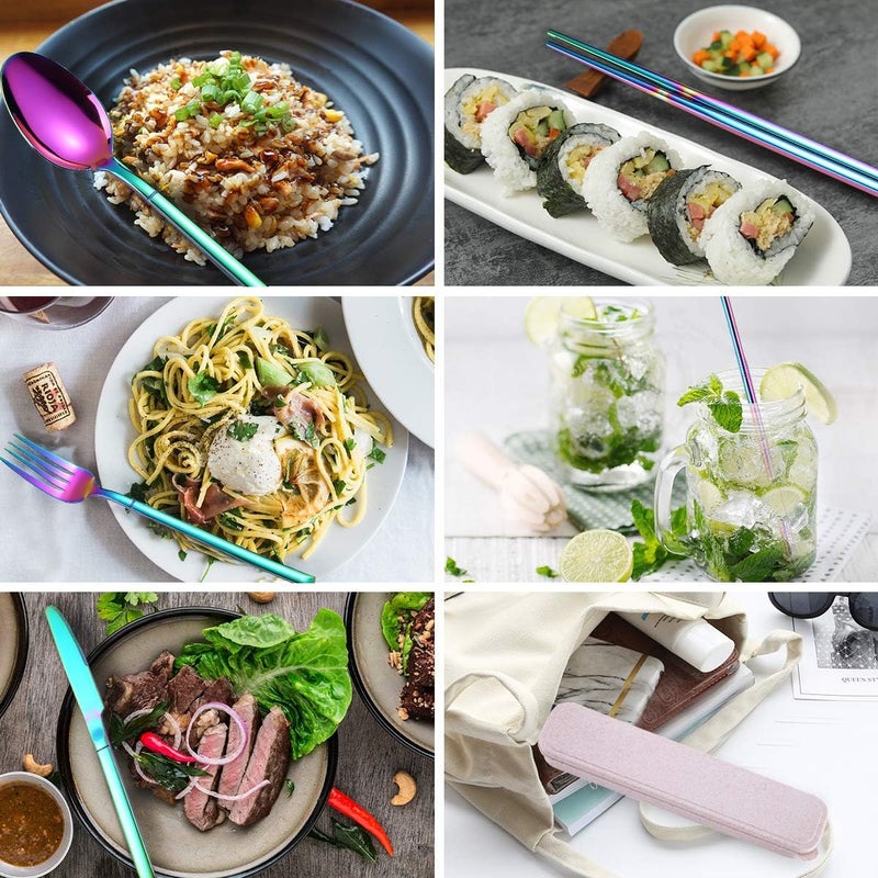 AARAINBOW 7 Pieces Stainless Steel Flatware Set Portable Reusable Cutlery Set Travel Utensils Set Including Chopsticks Knife Fork Spoon Straws Cleaning Brush Dishwasher Safe Multicolored - Image 4