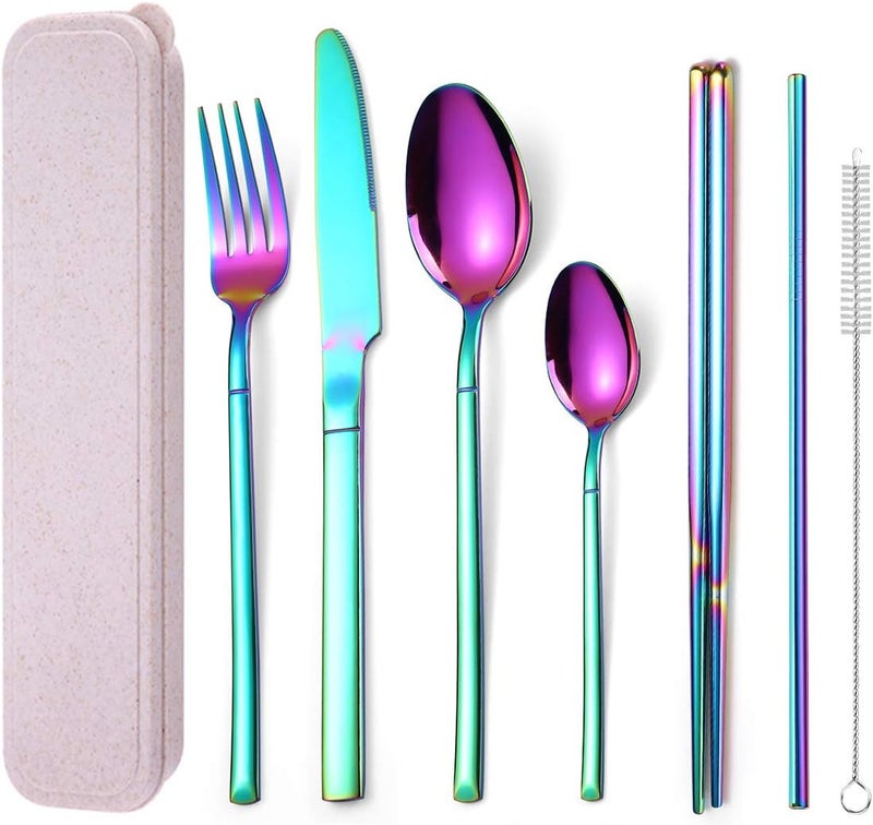 AARAINBOW 7 Pieces Stainless Steel Flatware Set Portable Reusable Cutlery Set Travel Utensils Set Including Chopsticks Knife Fork Spoon Straws Cleaning Brush Dishwasher Safe Multicolored - Image 1