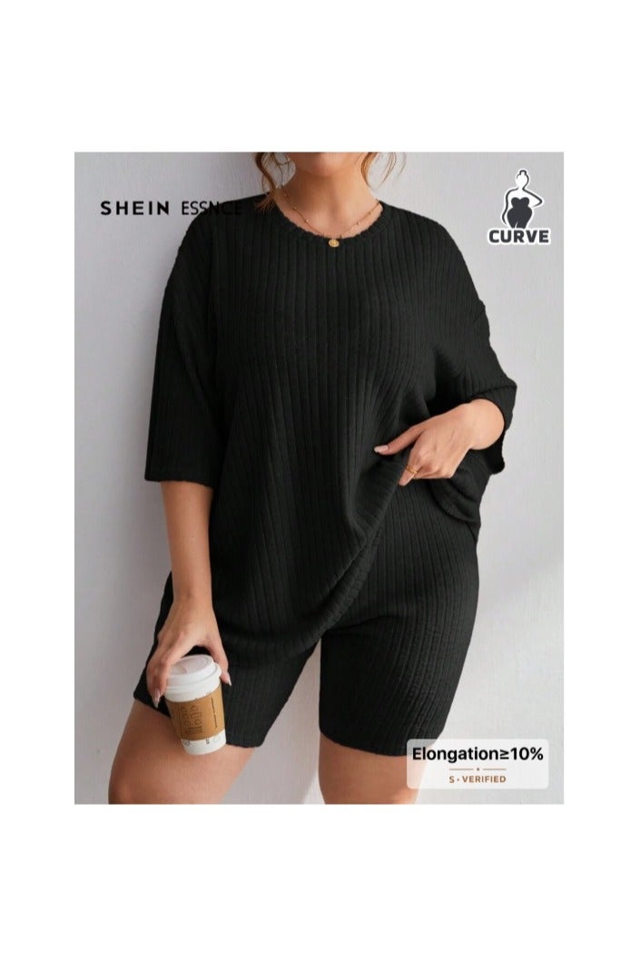 Shein SHEIN Essnce 2pcs Plus Size Solid Color Round Neck Simple Rib Knit Top And Shorts Set  - Image 1