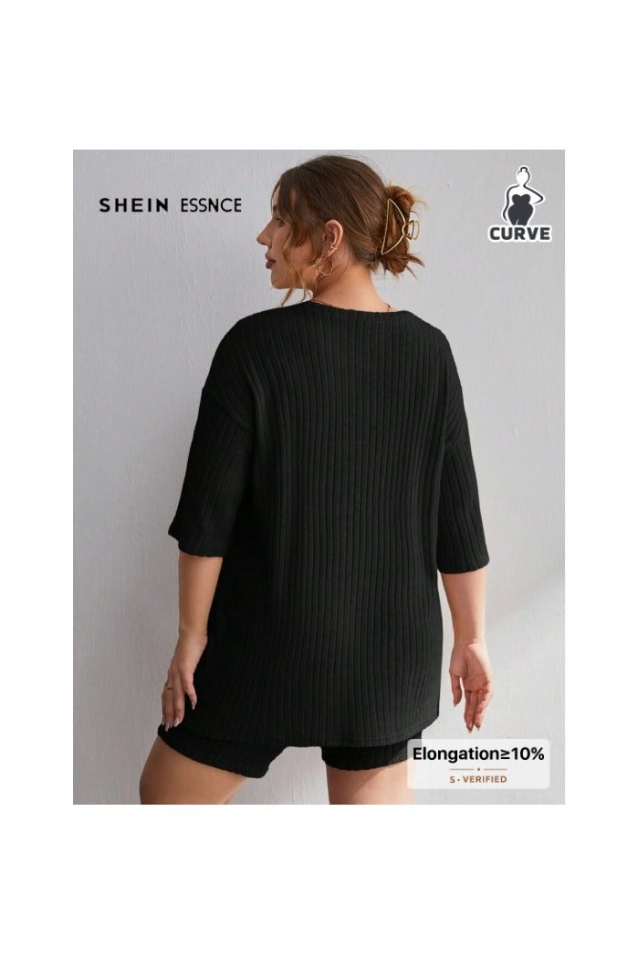 Shein SHEIN Essnce 2pcs Plus Size Solid Color Round Neck Simple Rib Knit Top And Shorts Set  - Image 2