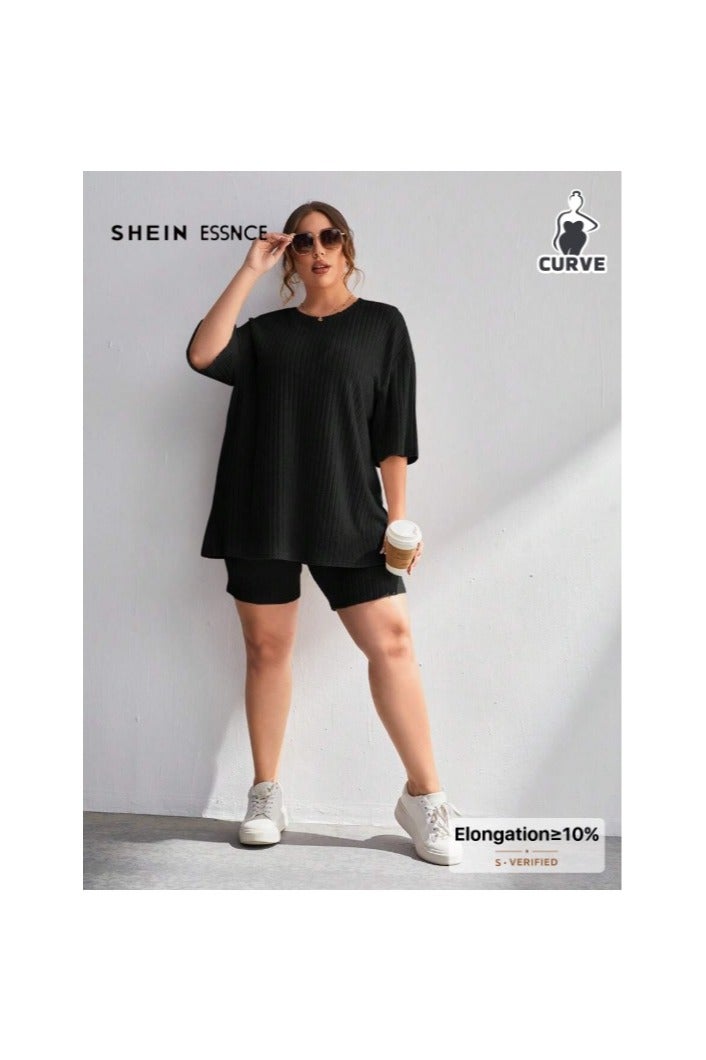 Shein SHEIN Essnce 2pcs Plus Size Solid Color Round Neck Simple Rib Knit Top And Shorts Set  - Image 3