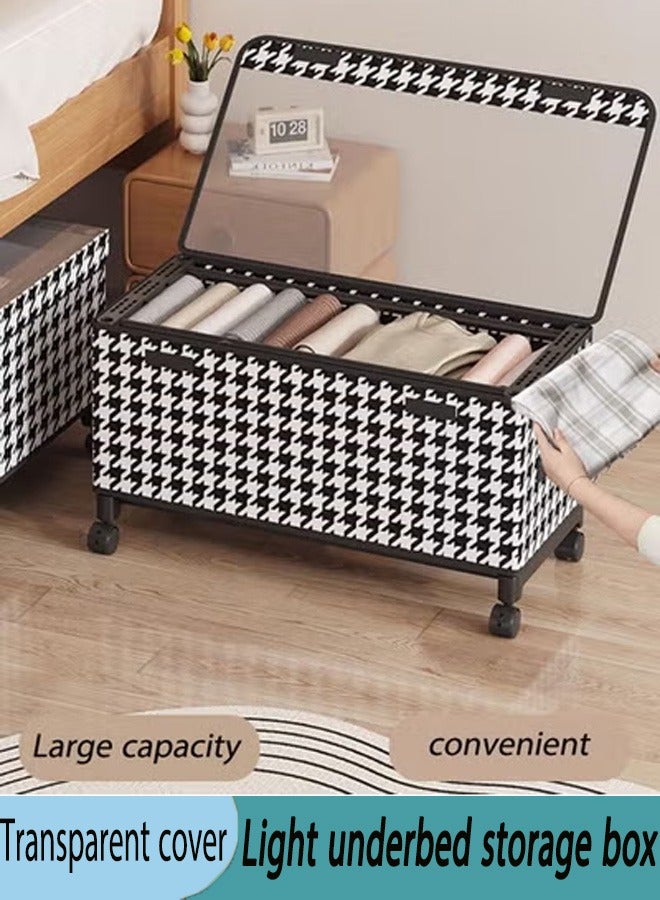Stylish Under-bed storage box - Patterned Storage Box with Transparent Lid & Wheels: Organize in Elegance. Under Bed Storage Container with Wheels & Handles Clear Window, Foldable Underbed Storage Bag Large Capacity Rolling Clothes Storage Bin Box Collapsible Bedroom Organizer for Blanket Bedding Shoes - Image 1