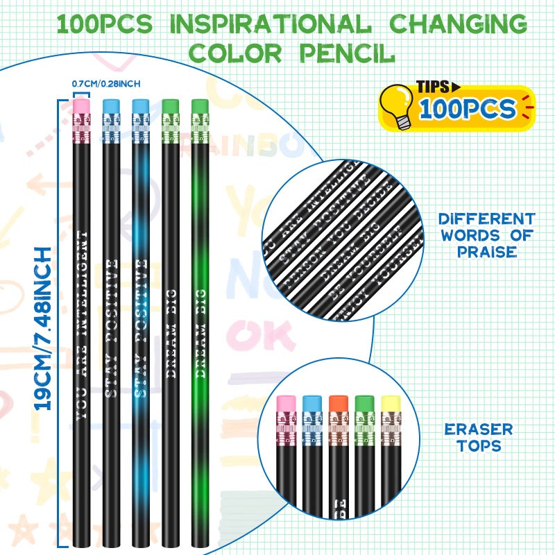 Epakh 100 Pcs Inspirational Pencils Color Changing Pencils Bulk with Eraser HB Wooden Pens Gift for Kids Back to School Gift for Classroom, Student Reward(Black,Classic Style) - Image 3