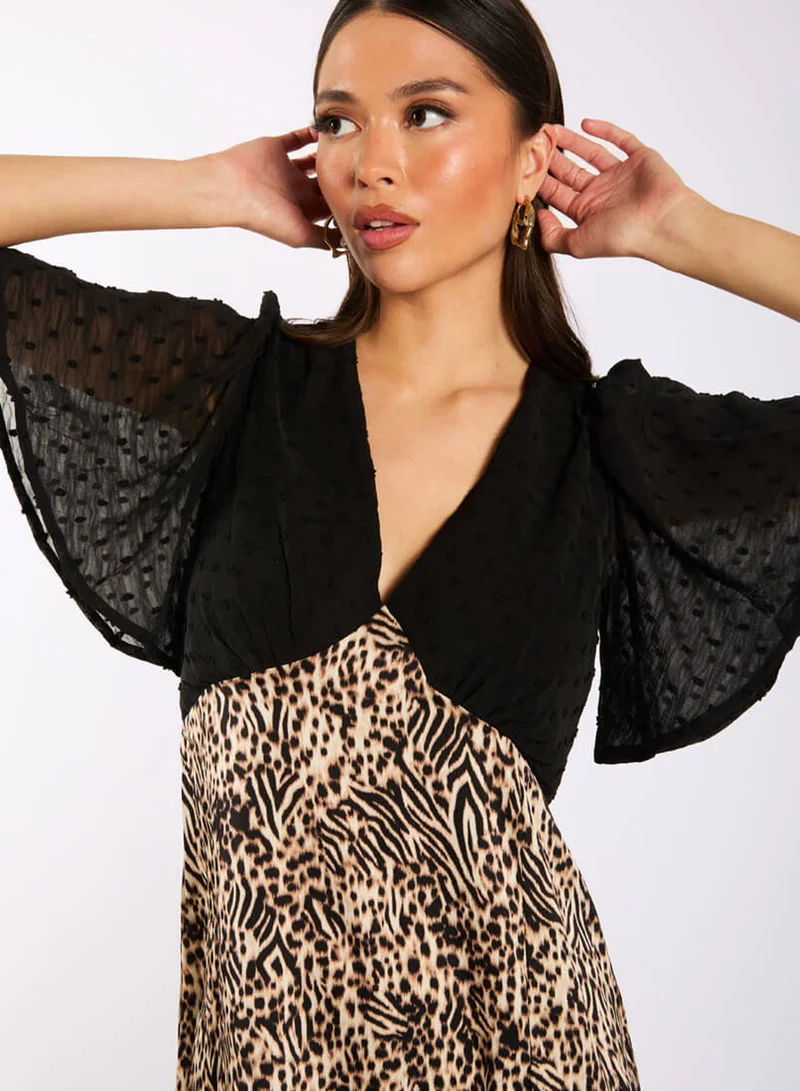 Needs No Label  Animal Satin Mix Flutter Sleeve Midi Dress for Women | Best Price UAE