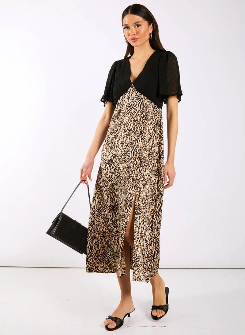Animal Satin Mix Flutter Sleeve Midi Dress
