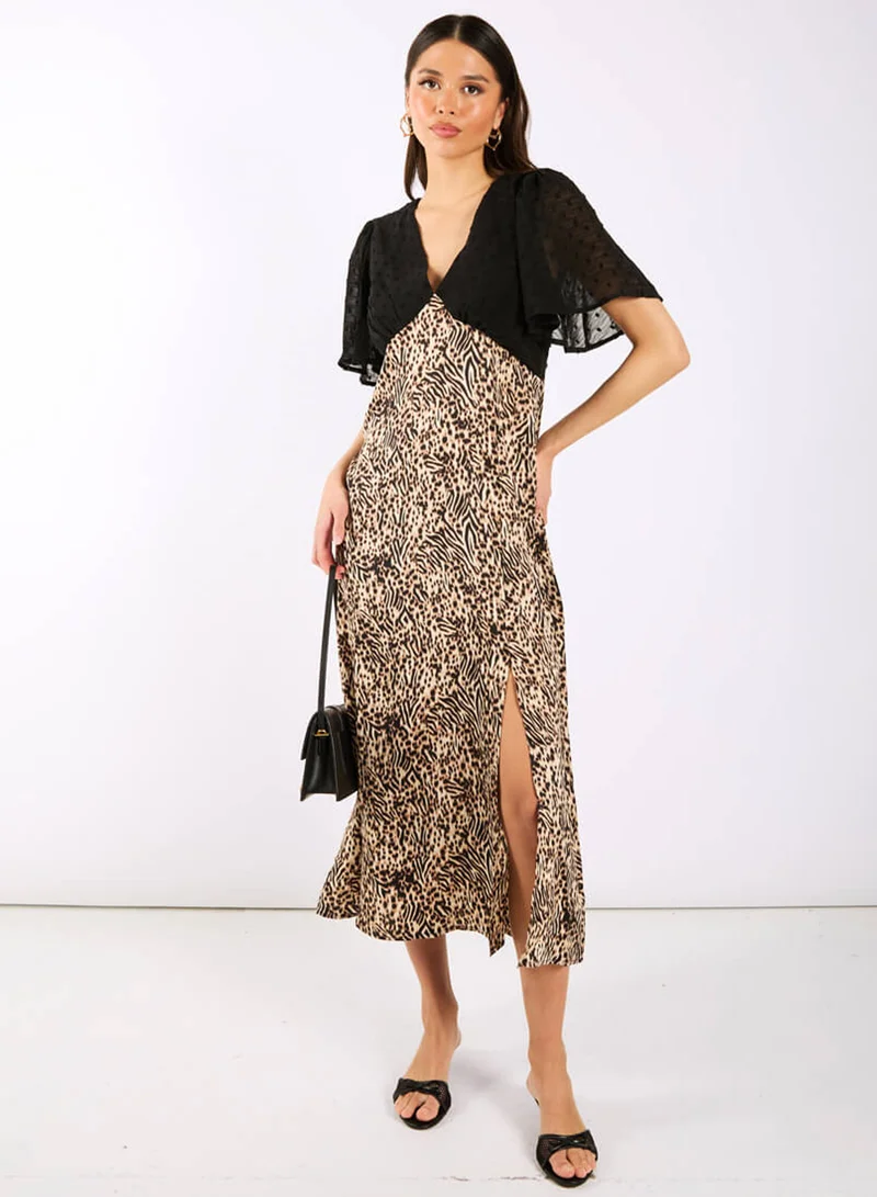 Needs No Label  Animal Satin Mix Flutter Sleeve Midi Dress for Women | Best Price UAE