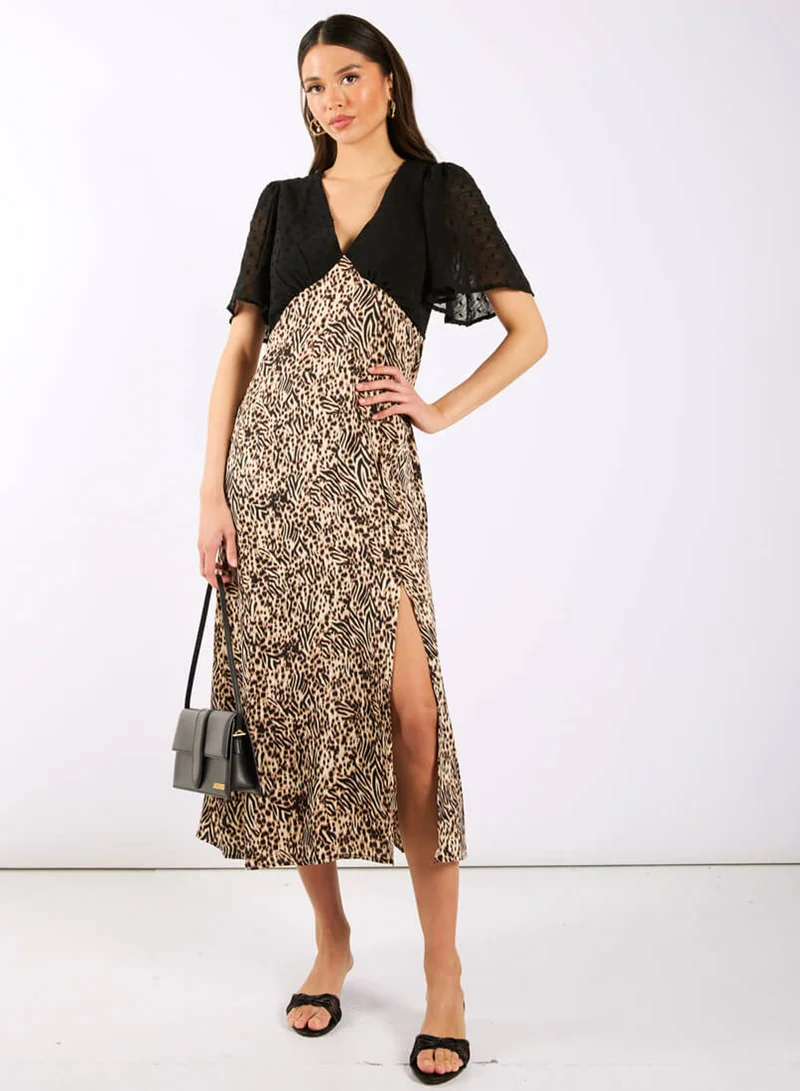 Needs No Label Animal Satin Mix Flutter Sleeve Midi Dress