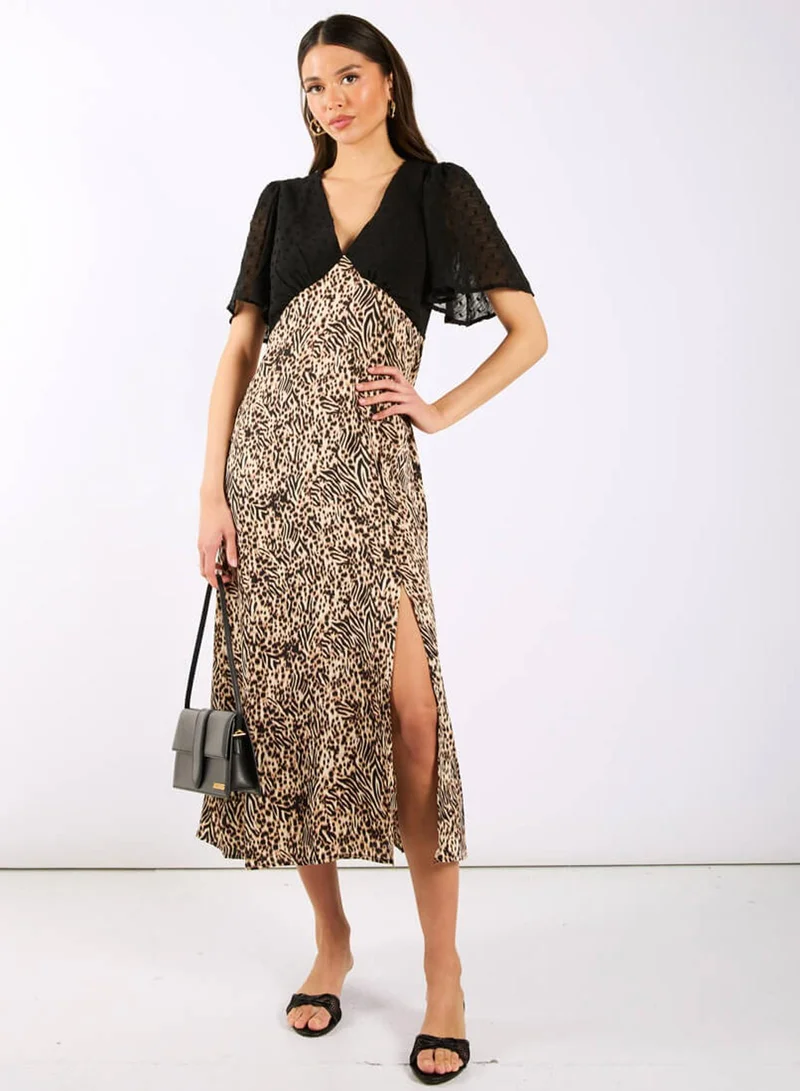 نيدز نو ليبل Animal Satin Mix Flutter Sleeve Midi Dress