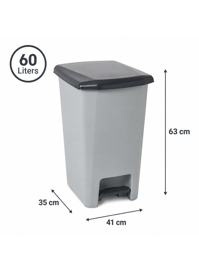 Planet Pedal Trash Bin Grey Heavy-Duty Plastic Soft-Close Lid Foot Pedal for Kitchen Office Shop 41 × 35 × 63 cm (60 Liters) - Image 5