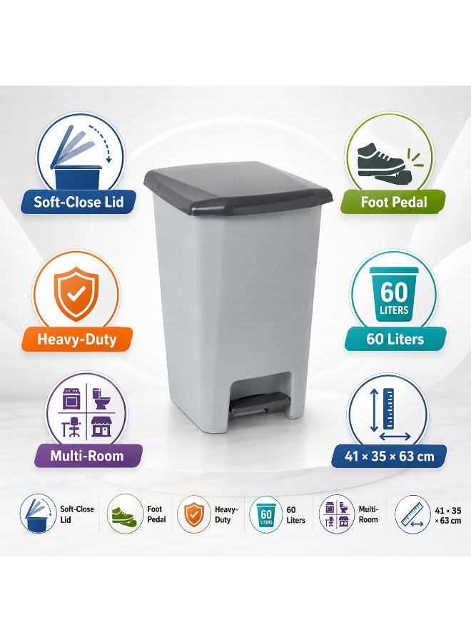 Planet Pedal Trash Bin Grey Heavy-Duty Plastic Soft-Close Lid Foot Pedal for Kitchen Office Shop 41 × 35 × 63 cm (60 Liters) - Image 4