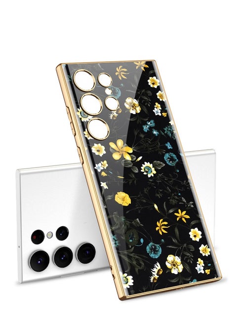 SHIELD EGYPT Compatible With Samsung Galaxy S24 Ultra Case Glass With 3D Flowers Prints Gold Frame (Black2)