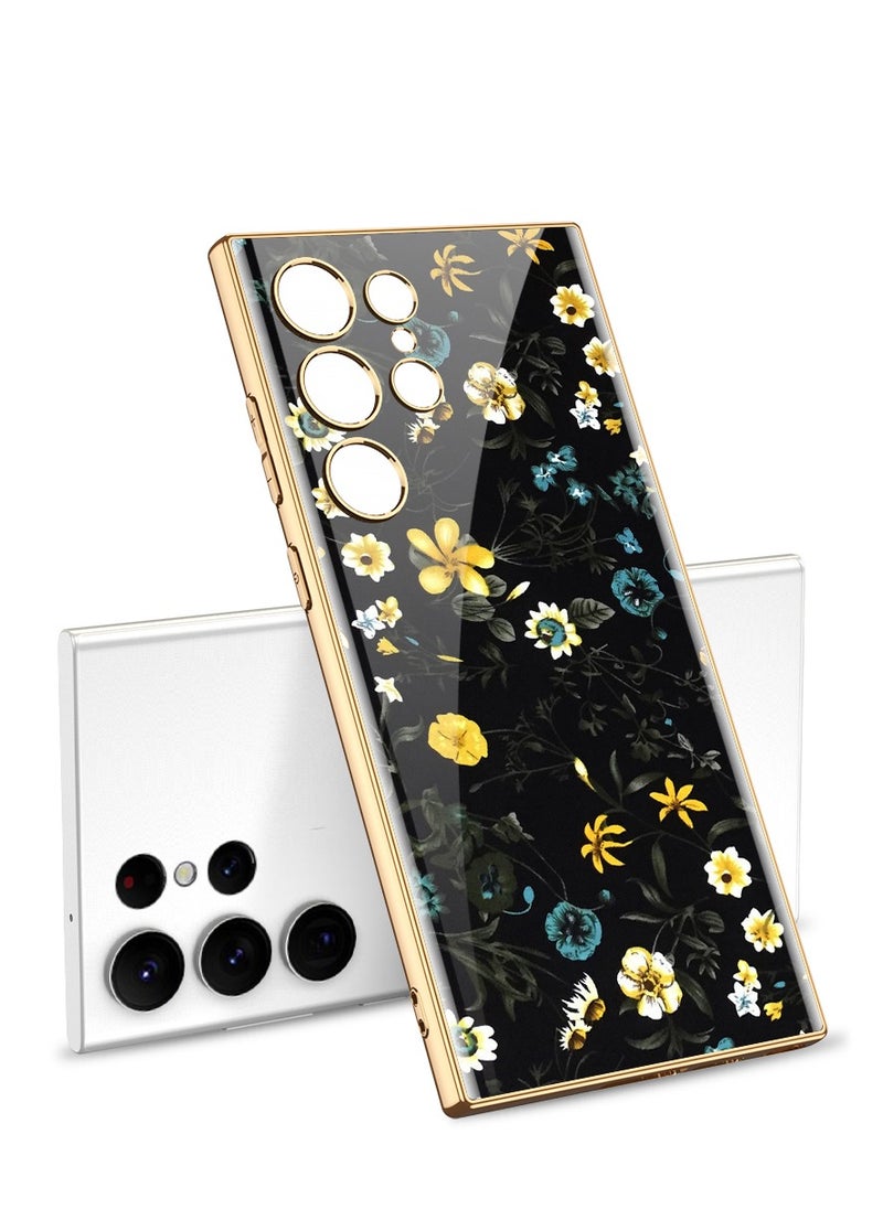 SHIELD EGYPT Compatible With Samsung Galaxy S24 Ultra Case Glass With 3D Flowers Prints Gold Frame (Black2)