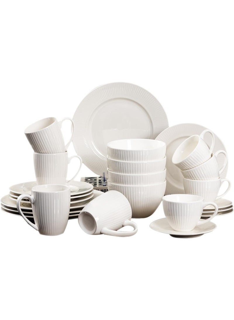 GOLD MANTIS 22-Piece White Ceramic Dinnerware & Coffee Set – 10.5 Inch & 8 Inch Plates, 6 Inch Coffee Saucers, 6 Inch Bowls, 12 oz Mugs, 7.3 oz Cups – Microwave, Dishwasher, Oven Safe – Modern Minimalist Tablewar  - Image 1