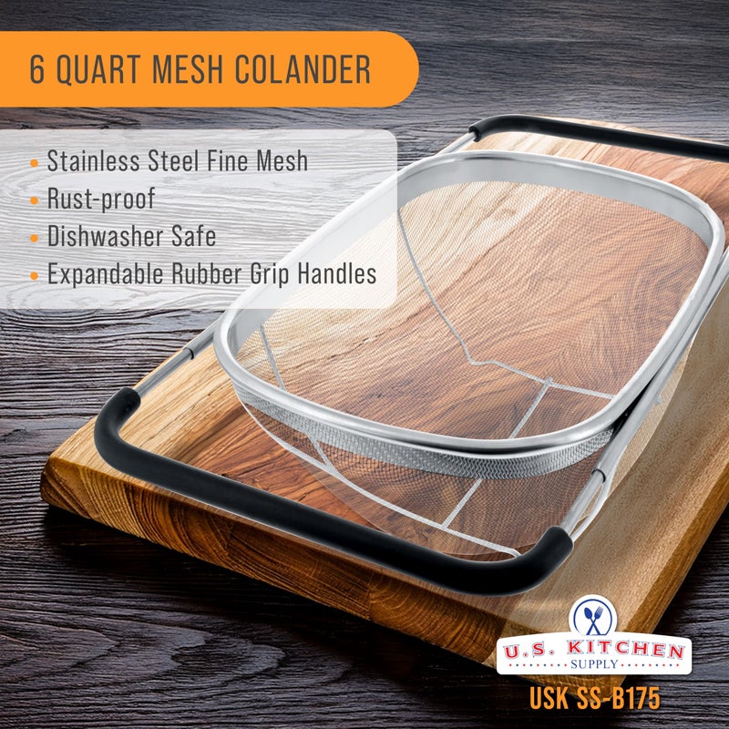 U.S. Kitchen Supply - Premium Quality Over The Sink Stainless Steel Oval Colander with Fine Mesh 6 Quart Strainer Basket & Expandable Rubber Grip Handles - Strain, Drain, Rinse Fruits, Vegetables - Image 2