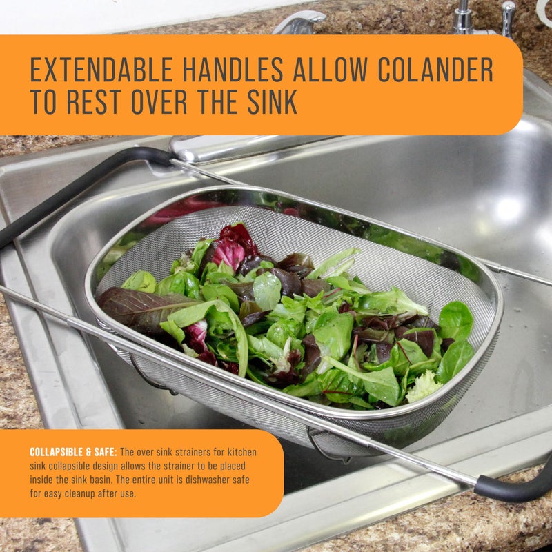 U.S. Kitchen Supply - Premium Quality Over The Sink Stainless Steel Oval Colander with Fine Mesh 6 Quart Strainer Basket & Expandable Rubber Grip Handles - Strain, Drain, Rinse Fruits, Vegetables - Image 5