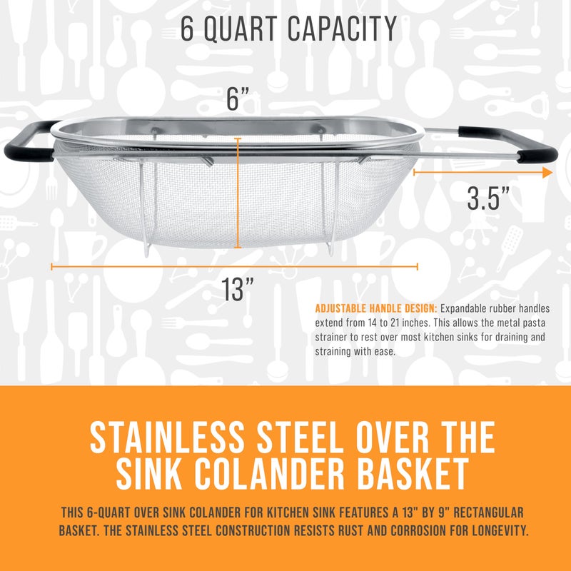 U.S. Kitchen Supply - Premium Quality Over The Sink Stainless Steel Oval Colander with Fine Mesh 6 Quart Strainer Basket & Expandable Rubber Grip Handles - Strain, Drain, Rinse Fruits, Vegetables - Image 4
