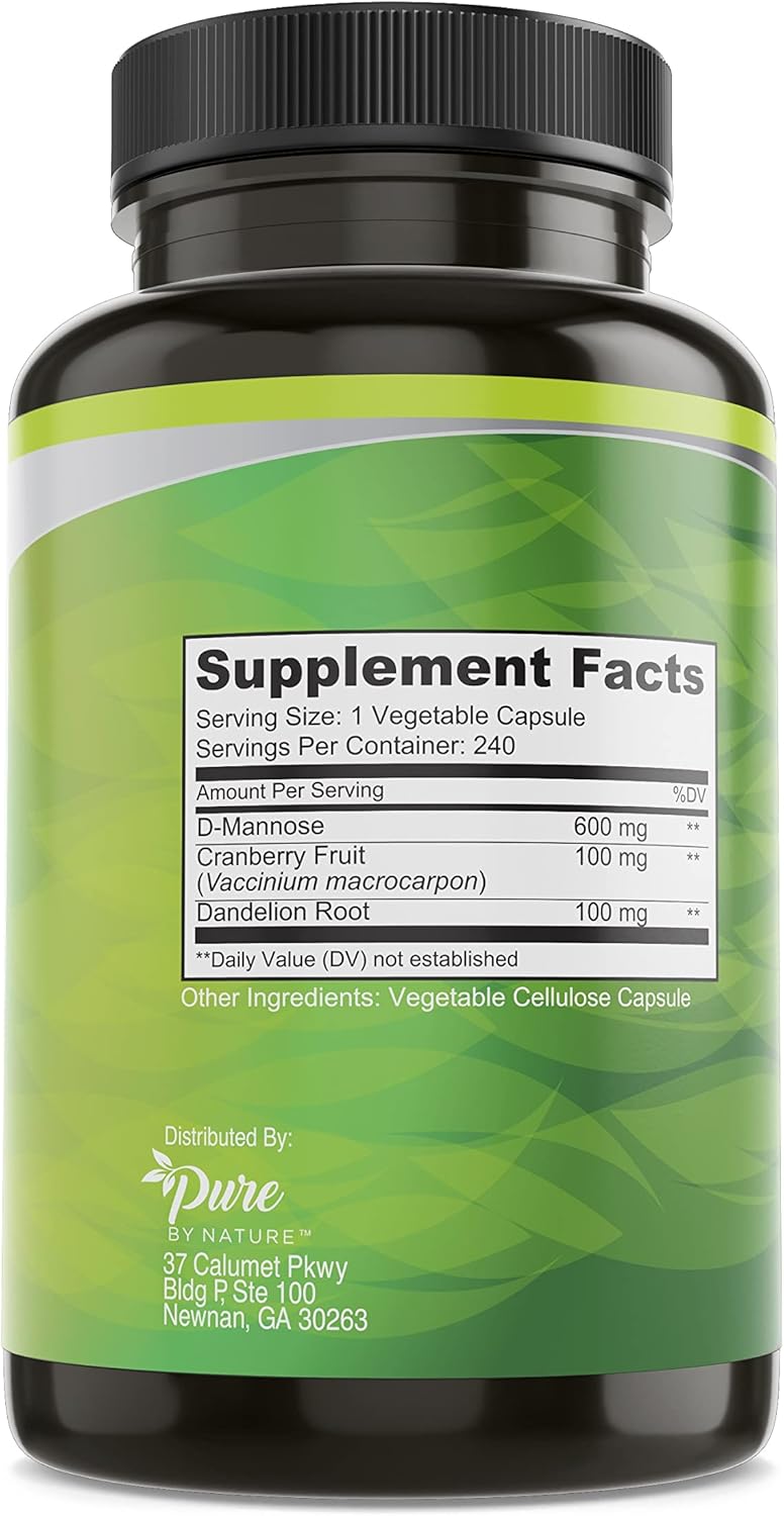 Pure By Nature 600mg DMannose Vegan Capsules with Cranberry  Dandelion Extract Urinary Tract Health Support Flush Impurity Detox Body 240 Count - Image 2