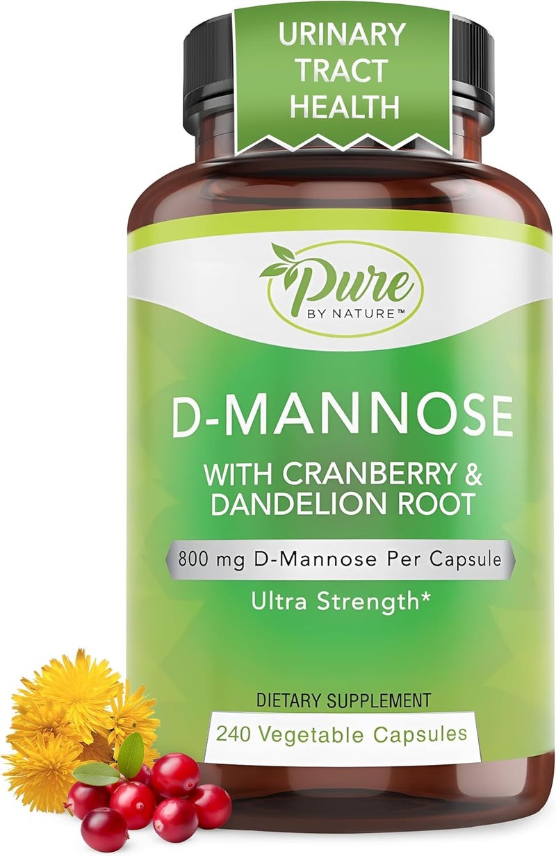 Pure By Nature 600mg DMannose Vegan Capsules with Cranberry  Dandelion Extract Urinary Tract Health Support Flush Impurity Detox Body 240 Count - Image 1
