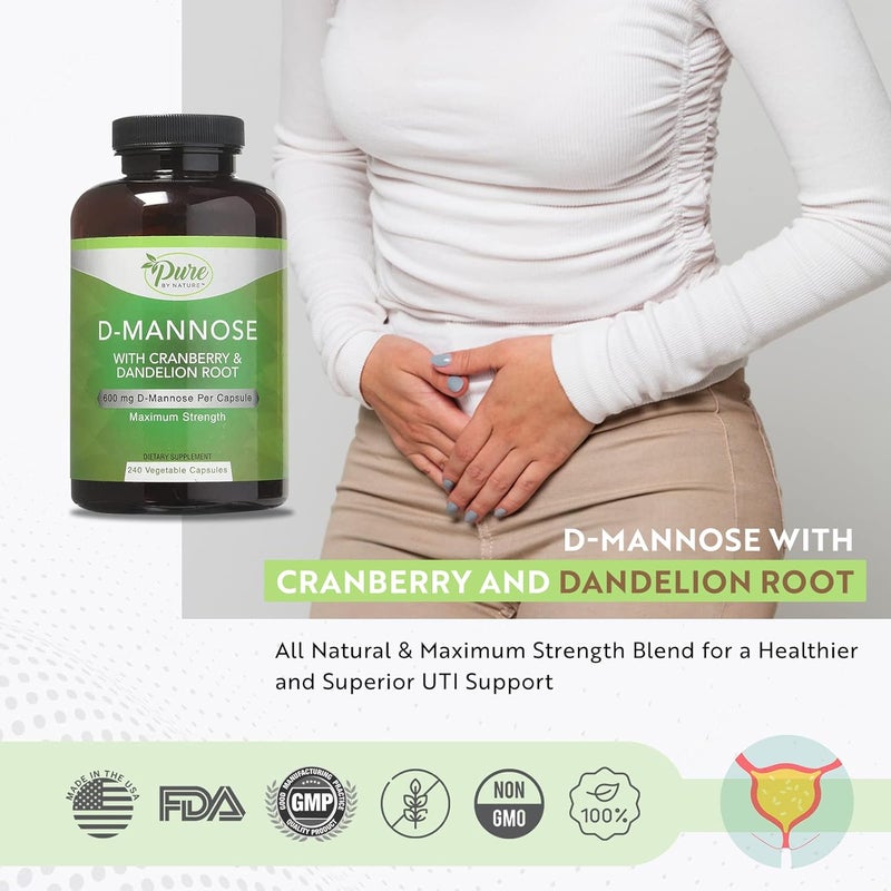 Pure By Nature 600mg DMannose Vegan Capsules with Cranberry  Dandelion Extract Urinary Tract Health Support Flush Impurity Detox Body 240 Count - Image 5