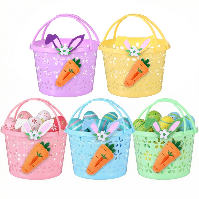 Willinglong 5 Set Easter Baskets Bulk Small Plastic Easter Egg Basket with Handle Carrots Bunny Ears 6.7'' Mini Empty Pastel Fillers Stuffers Bucket for Egg Hunt Spring Party Favors Gifts - Image 1