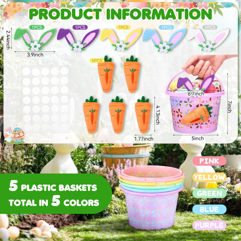 Willinglong 5 Set Easter Baskets Bulk Small Plastic Easter Egg Basket with Handle Carrots Bunny Ears 6.7'' Mini Empty Pastel Fillers Stuffers Bucket for Egg Hunt Spring Party Favors Gifts - Image 2