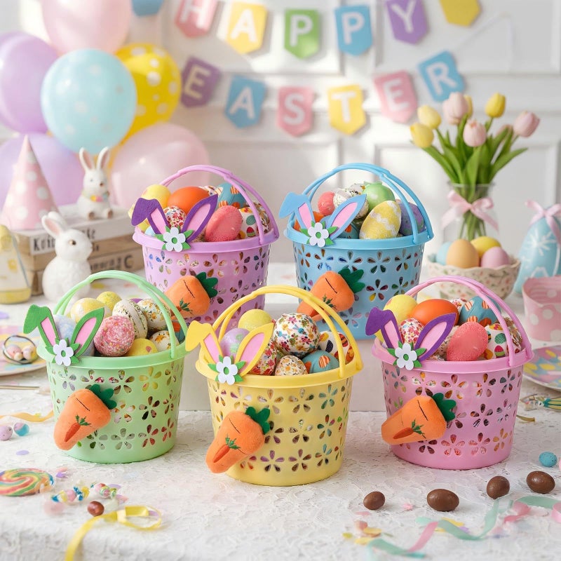 Willinglong 5 Set Easter Baskets Bulk Small Plastic Easter Egg Basket with Handle Carrots Bunny Ears 6.7'' Mini Empty Pastel Fillers Stuffers Bucket for Egg Hunt Spring Party Favors Gifts - Image 5