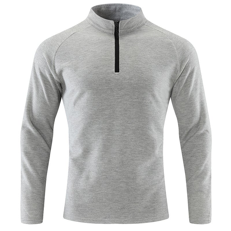 Generic Mens Long Sleeve T-Shirt Half Zip-Up Autumn Winter Breathable Elastic Outdoor Sports Casual Top With Fleece Lining Light gray