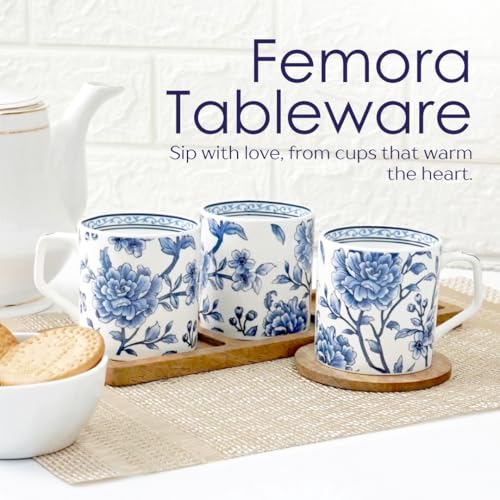 Femora Blue and White Floral Ceramic Coffee Mug - Elegant Tea Cup with Traditional Chinese-Inspired Flower Pattern, Set of 6 | 200 ML - Image 2