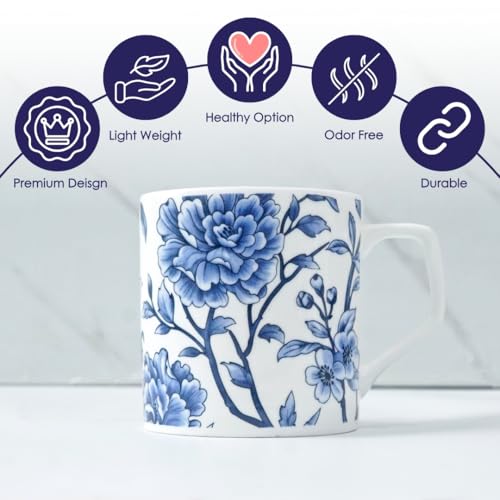 Femora Blue and White Floral Ceramic Coffee Mug - Elegant Tea Cup with Traditional Chinese-Inspired Flower Pattern, Set of 6 | 200 ML - Image 4