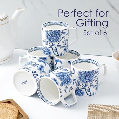 Femora Blue and White Floral Ceramic Coffee Mug - Elegant Tea Cup with Traditional Chinese-Inspired Flower Pattern, Set of 6 | 200 ML - Image 3