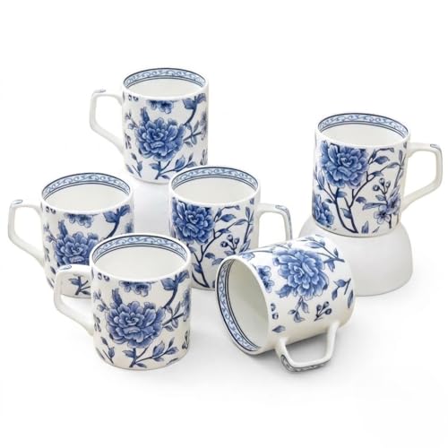 Femora Blue and White Floral Ceramic Coffee Mug - Elegant Tea Cup with Traditional Chinese-Inspired Flower Pattern, Set of 6 | 200 ML - Image 1