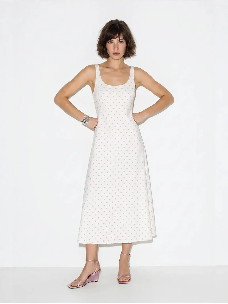 Bianco Lucci White LUCCI Polka Dot Sleeveless Midi Dress With Tie Detail for Women | Best Price UAE