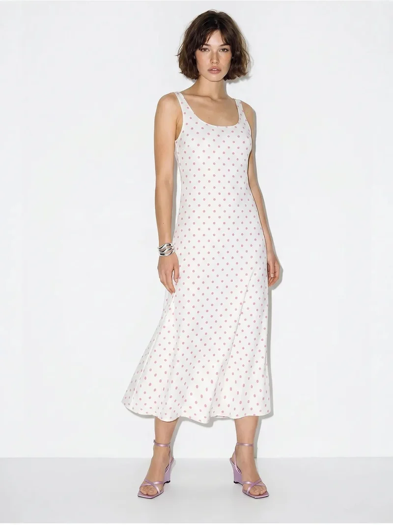 Bianco Lucci White LUCCI Polka Dot Sleeveless Midi Dress With Tie Detail for Women | Best Price UAE