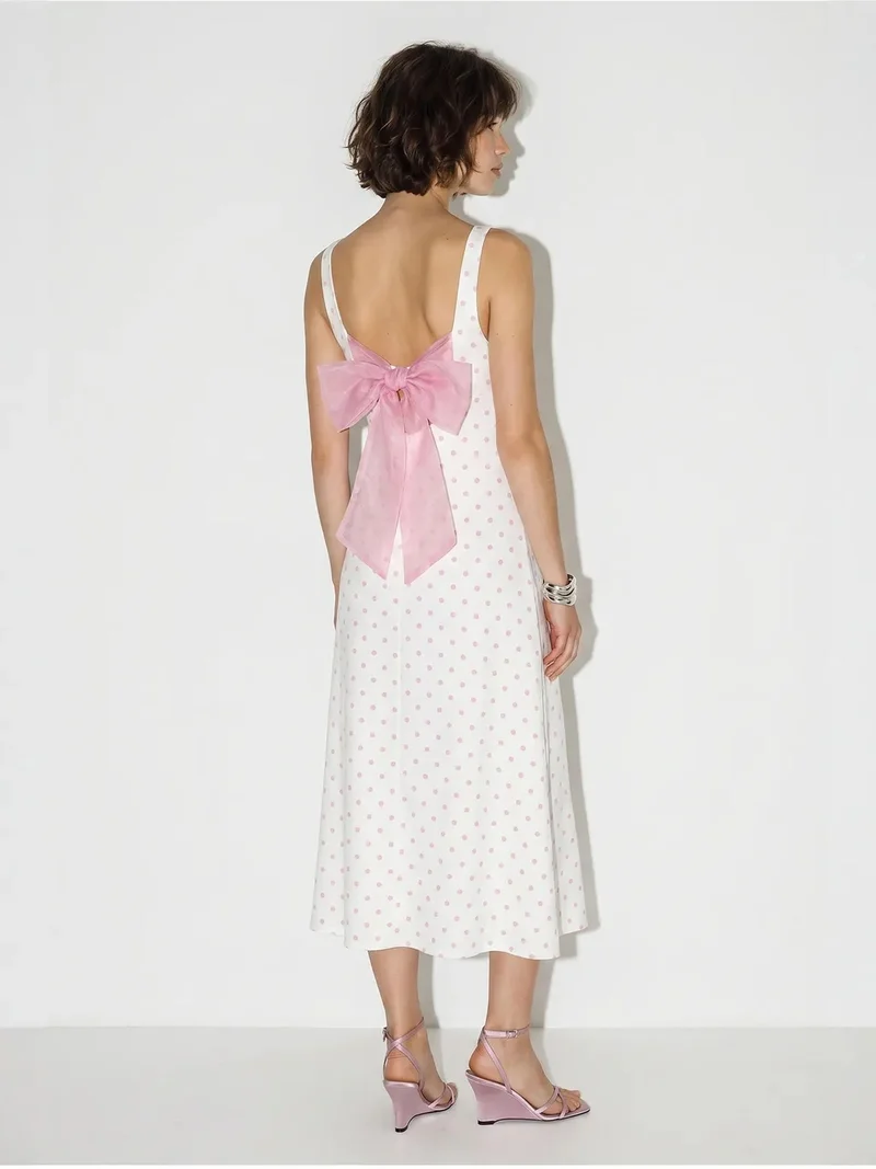 Bianco Lucci White LUCCI Polka Dot Sleeveless Midi Dress With Tie Detail for Women | Best Price UAE