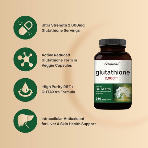 NatureBell NatureBell Glutathione Supplement 2000mg Per Serving 240 Veggie  Capsules 98 Purity Verified Bioavailable Reduced Glutathione Pills Active  Form Master Antioxidant Vegan Friendly NonGMO | Best Price Kuwait