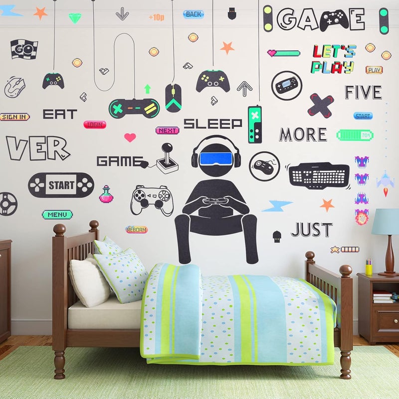 Outus 56 Pieces Gamer Wall Decals Gaming Controller Joystick Decals Removable Video Games Stickers Game Boy Wall Art for Bedroom Playroom Decoration Black White - Image 1