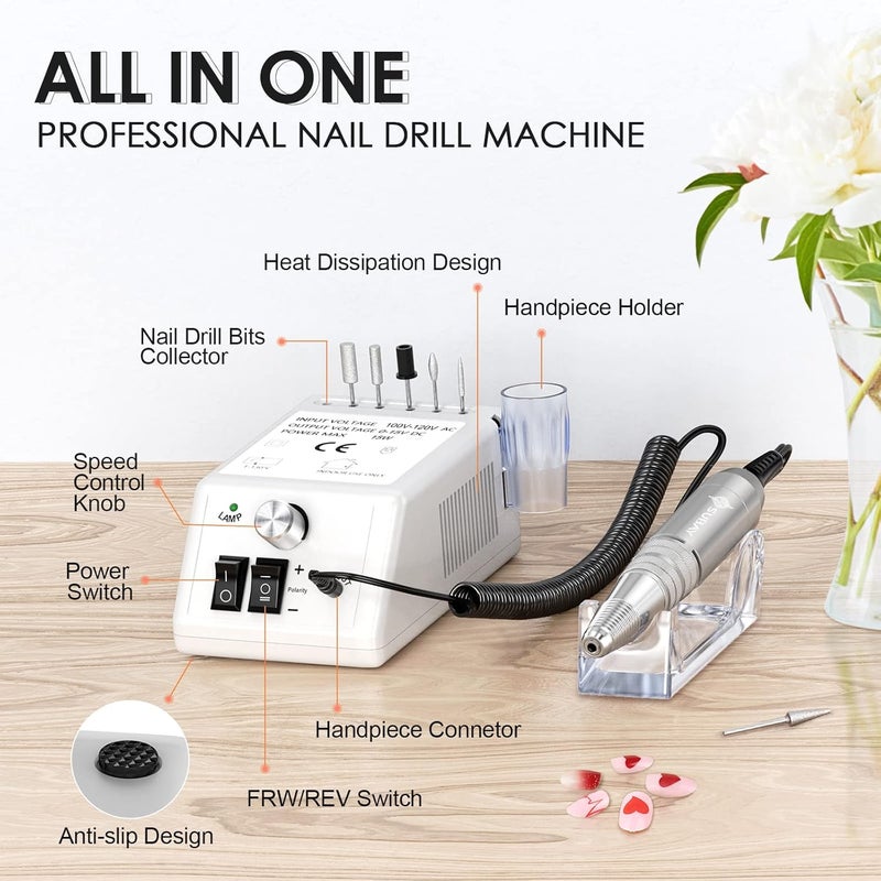 Subay 30,000rpm Efile Nail Drill , Electric Nail File with 106pcs Sanding Bands and Nail Drill Bits Pedicure Manicure Tools for Acrylic Nails,Thick Nails for Nail Salon Supplies Home Use, White - Image 2