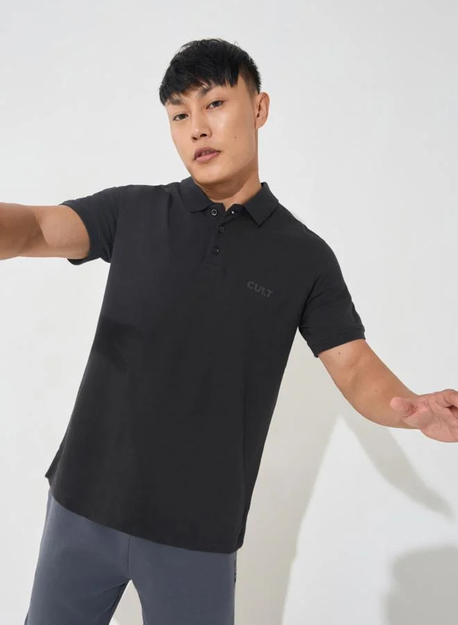 Cult Men Black Knitted Polo T-Shirt