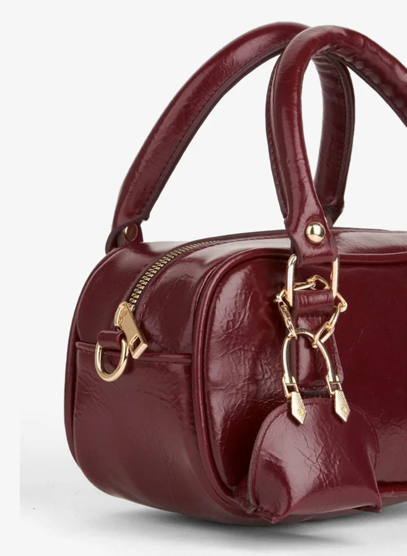 Women's Tulip Burgundy Bag with Charm Detail, Rugan Artificial Leather, Zipper Closure, Hand, Wrist, and Shoulder Bag.