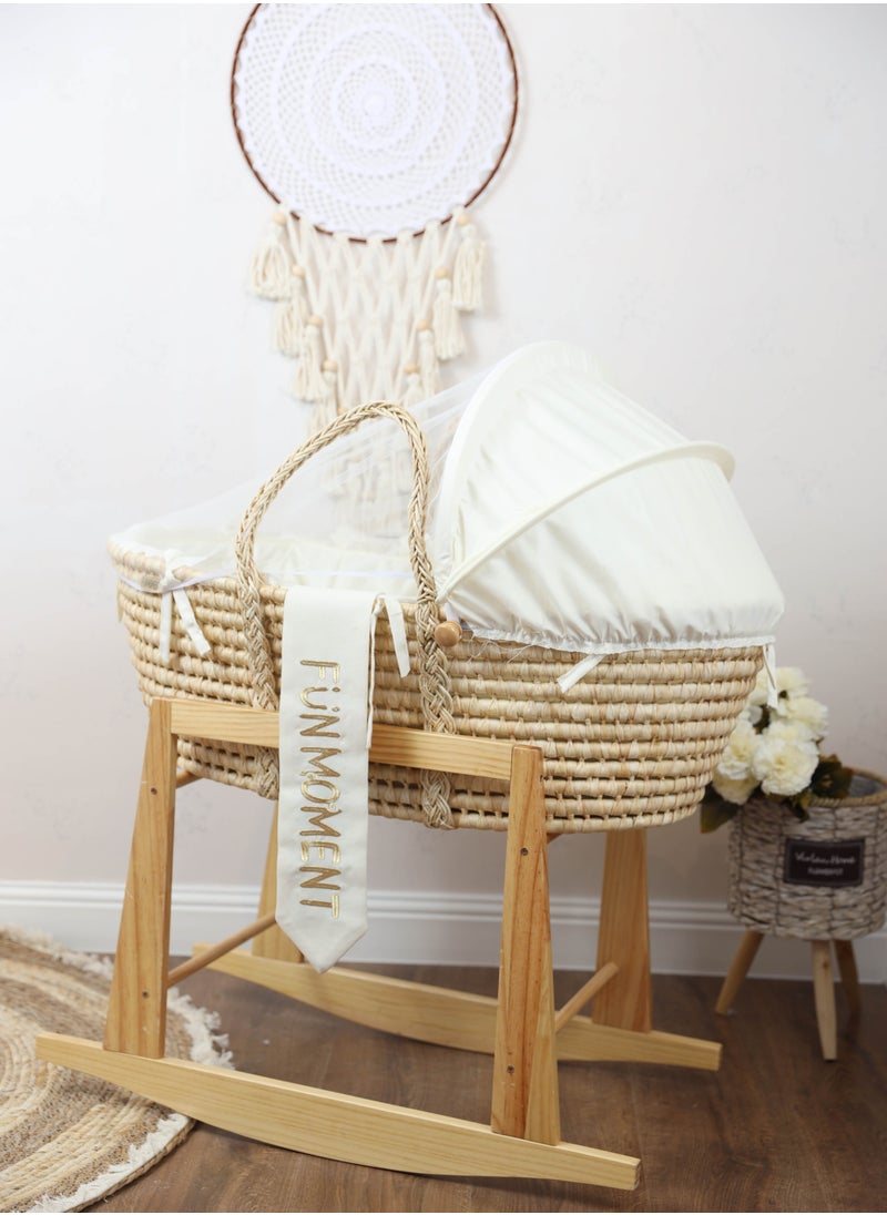 FUN MOMENT - Baby crib Moses basket for babies with mosquito net with wooden rocking stand - Image 1