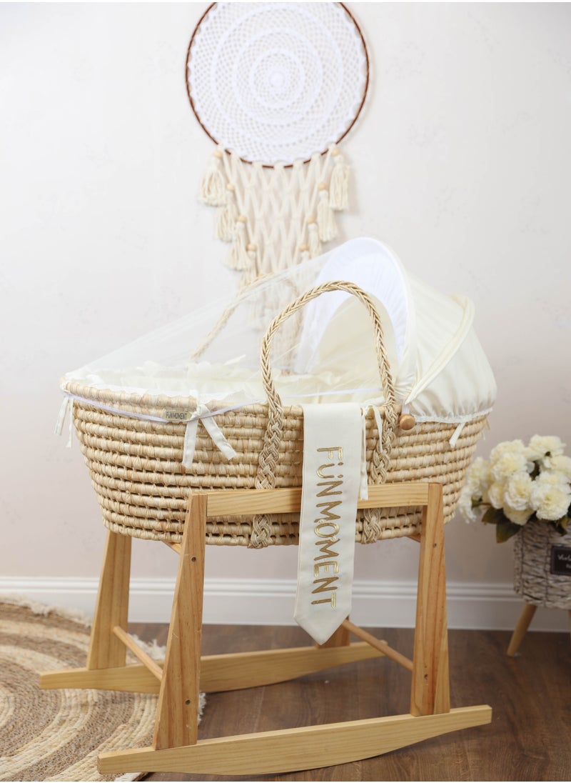 FUN MOMENT - Baby crib Moses basket for babies with mosquito net with wooden rocking stand - Image 1